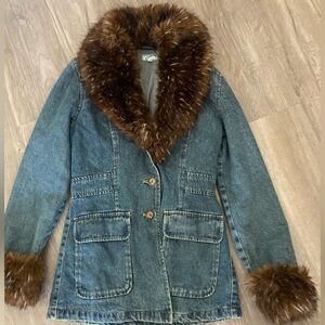 Vtg GIACCA Penny Lane Jean Faux Fur Coat Jacket Size S Hippie Y2K Denim
